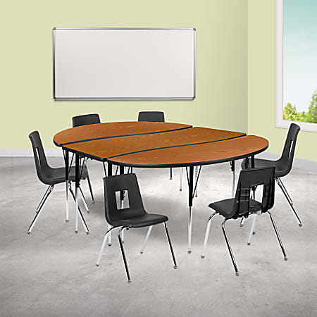Flash Furniture 86" Oval Wave Flexible Laminate Activity Table Set With 18" Student Stack Chairs, Oak