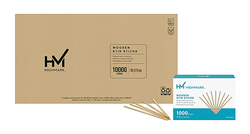 Highmark&reg; Wooden Stir Sticks, 7", Light Brown, Case Of 10,000