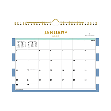 Day Designer Monthly Safety Wirebound Wall Calendar, 11" x 8-3/4", Rugby Stripe Turkish Blue, January to December 2022, 136054
