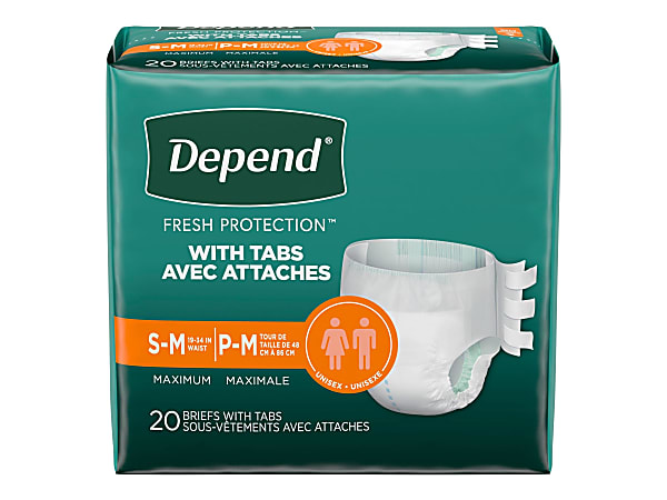 Depend® Incontinence Protection with Tabs, Small/Medium, 19" to 34" Waist, 20/Pack, 3 Packs/Carton