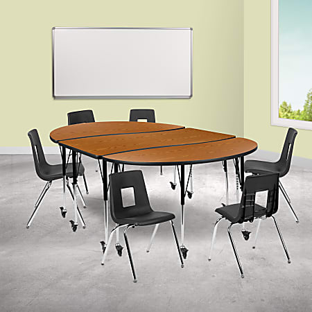 Flash Furniture Mobile 86" Oval Wave Flexible Laminate Activity Table Set With 18" Student Stack Chairs, Oak