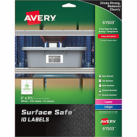 Avery® Surface Safe ID Labels - Removable Adhesive - 2" Width x 3 1/2" Length - Rectangle - Laser, Inkjet - White - Polyester - 10 / Sheet - 25 Total Sheets - 250 / Pack