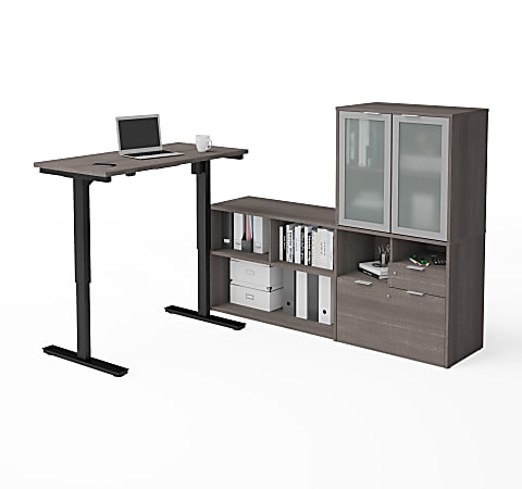 Bestar i3 Plus 72”W L-Shaped Standing Corner Desk And Hutch With Frosted Glass Doors, Bark Gray