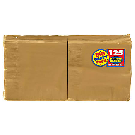 Amscan 2-Ply Paper Lunch Napkins, 6-1/2" x 6-1/2", Gold, 125 Per Big Party Pack, Set Of 3 Packs