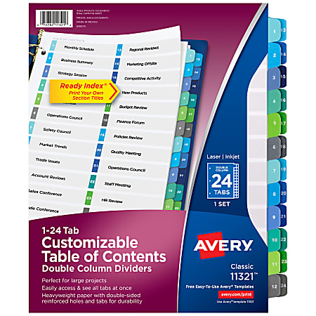 Avery® Ready Index® 1-24 Tab Double Column Binder Dividers With Customizable Table Of Contents, 8-1/2" x 11", 24 Tab, White/Multicolor, 1 Set