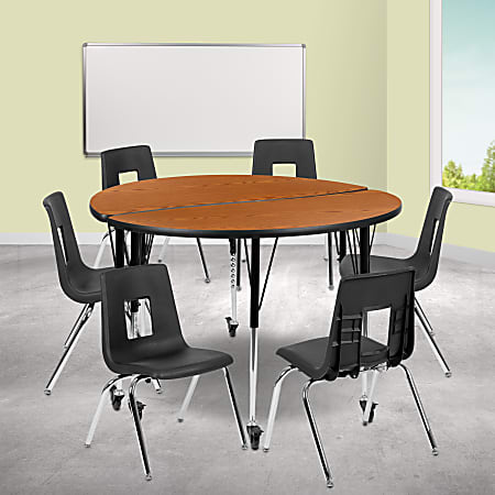 Flash Furniture Mobile 47-1/2" Circle Wave Flexible Laminate Activity Table Set With 18" Student Stack Chairs, Oak