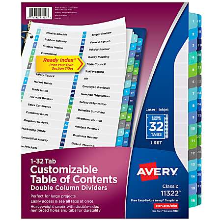 Avery® Ready Index® 1-32 Tab Double Column Binder Dividers With Customizable Table Of Contents, 8-1/2" x 11", 32 Tab, White/Multicolor, 1 Set