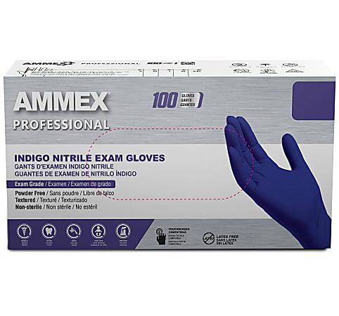 Ammex Professional Indigo Disposable Powder-Free Nitrile Exam Gloves, X-Large, Box Of 100 Gloves