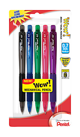 Pentel® WOW! Refillable Mechanical Pencils, Medium Point, 0.7 mm, HB Lead, Assorted Barrel Colors, Pack Of 5