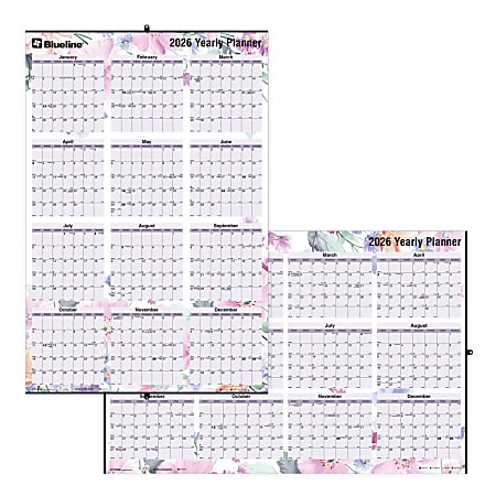 2026 Blueline Colorful Laminated, Reversible And Erasable Yearly Wall Planner, 24" x 36", 30% Recycled, Passion, January To December, C171920