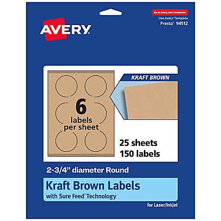 Avery® Kraft Permanent Labels With Sure Feed®, 94512-KMP25, Round, 2-3/4" Diameter, Brown, Pack Of 150