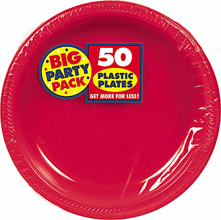 Amscan Plastic Plates, 10-1/4", Apple Red, 50 Plates Per Big Party Pack, Set Of 2 Packs