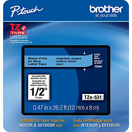 Brother® TZE531CS Genuine P-Touch Laminated Label Tape, 1/2" x 26-1/4', Black/Blue