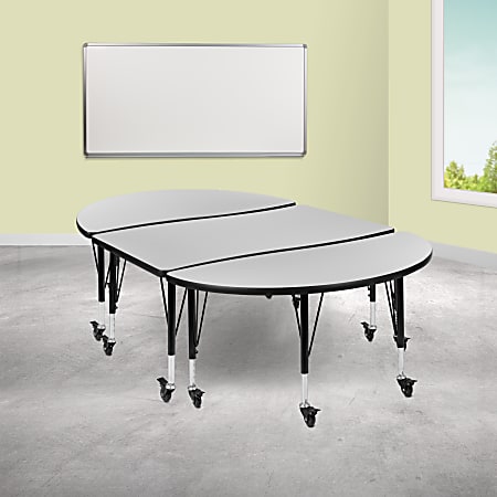 Flash Furniture Oval Wave Flexible Thermal Laminate 3-Piece Activity Table Set With Height-Adjustable Short Legs, 25"H x 47-1/2"W x 76"D, Gray