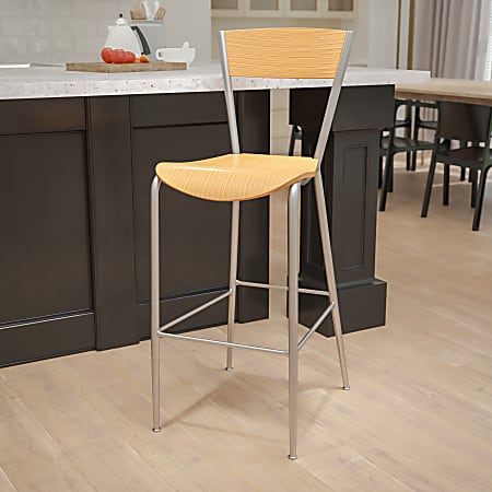 Flash Furniture Invincible Series Wood/Metal Restaurant Barstool With Back, Natural/Silver