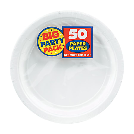 Amscan Big Party Pack 7" Round Paper Plates, Frosty White, 50 Plates Per Pack, Set Of 2 Packs