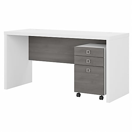 Office by Kathy Ireland® Echo 60"W Credenza Desk With Mobile File Cabinet, Pure White/Modern Gray, Standard Delivery
