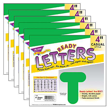 TREND Ready Letters®, 4", Casual Uppercase, Green, Set Of 6 Packs
