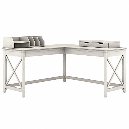 Bush Business Furniture Key West 60"W L-Shaped Corner Desk With Desktop Organizers, Linen White Oak, Standard Delivery