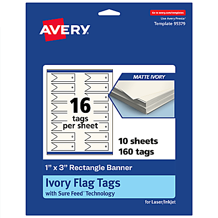Avery® Print-To-The-Edge Flag Tags With Sure Feed® Technology, 1"x3" Rectangle Banner, Matte Ivory, Pack Of 160