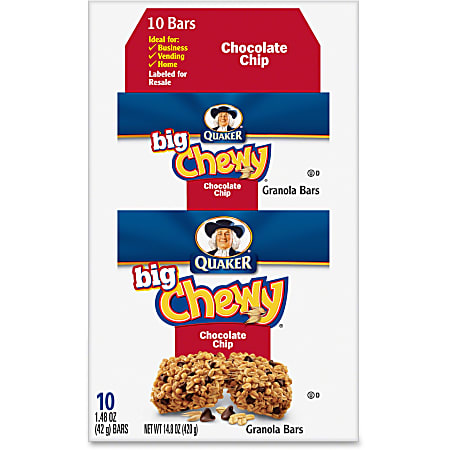 Quaker Oats Chocolate Chip Big Chewy Granola Bar - Individually Wrapped - Chocolate Chip - Box - 1.48 oz - 10 / Box