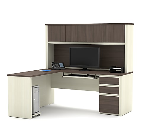 Bestar Prestige + 72”W L-Shaped Corner Desk With Pedestal And Hutch, White Chocolate/Antigua