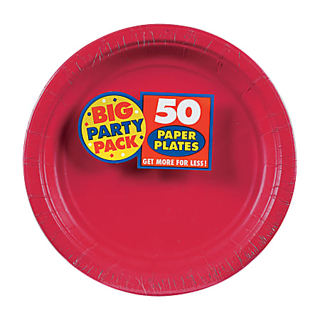 Amscan Big Party Pack 7" Round Paper Plates, Apple Red, 50 Plates Per Pack, Set Of 2 Packs