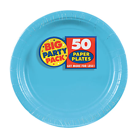 Amscan Big Party Pack 7" Round Paper Plates, Caribbean Blue, 50 Plates Per Pack, Set Of 2 Packs