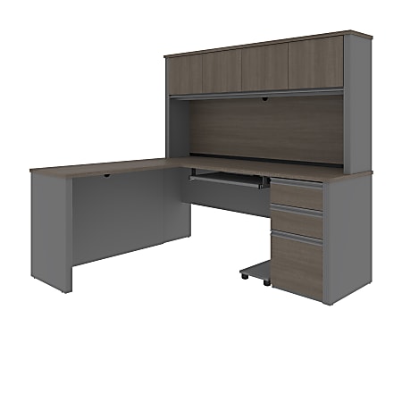 Bestar Prestige + 72”W L-Shaped Corner Desk With Pedestal And Hutch, Bark Gray/Slate