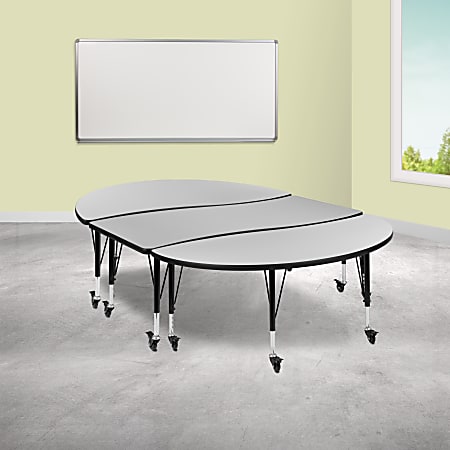 Flash Furniture Mobile Oval Wave Flexible Thermal Laminate 3-Piece Activity Table Set With Height-Adjustable Short Legs, Gray