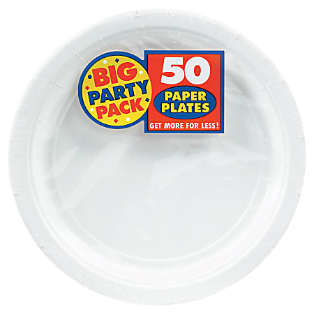 Amscan Big Party Pack 9" Round Paper Plates, Frosty White, 50 Plates Per Pack, Set Of 2 Packs
