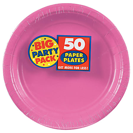 Amscan Big Party Pack 9" Round Paper Plates, Bright Pink, 50 Plates Per Pack, Set Of 2 Packs
