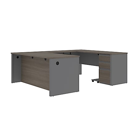 Bestar Prestige + 72&rdquo;W U-Shaped Executive Computer Desk With Pedestal, Bark Gray/Slate