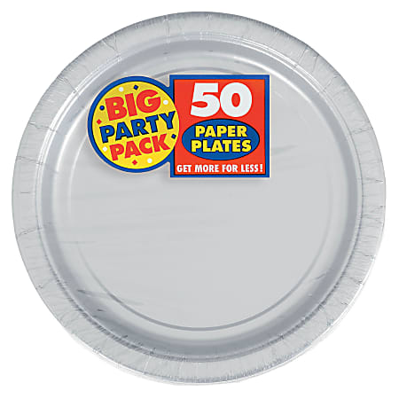 Amscan Big Party Pack 9" Round Paper Plates, Silver, 50 Plates Per Pack, Set Of 2 Packs