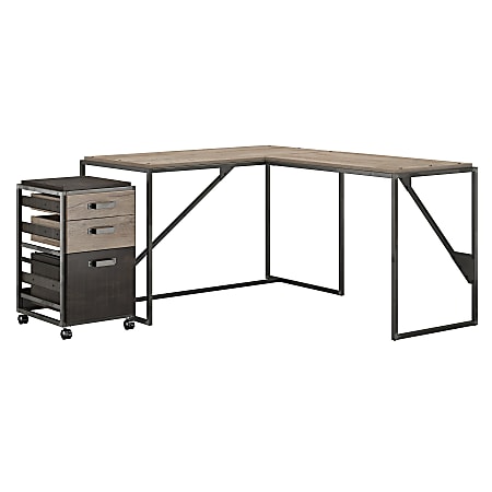 Bush Furniture Refinery 50"W L Shaped Industrial Desk With 37"W Return And Mobile File Cabinet, Rustic Gray/Charred Wood, Standard Delivery