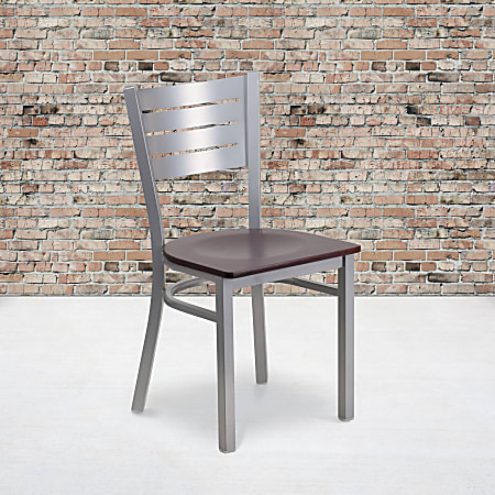 Flash Furniture Slat Back Restaurant Accent Chair, Mahogany Seat/Silver Frame