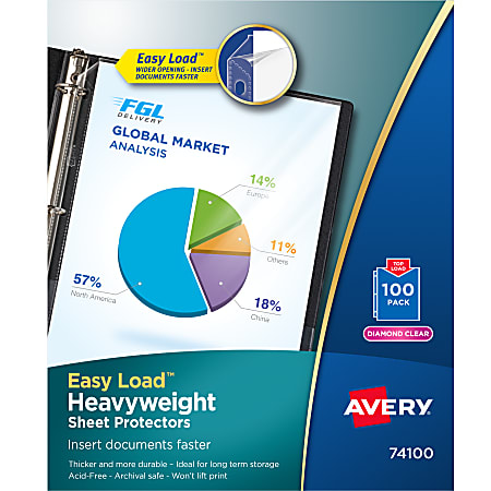 Avery® Heavyweight Sheet Protectors With Easy Load™, 8-1/2" x 11", Diamond Clear, 100 Document Protectors