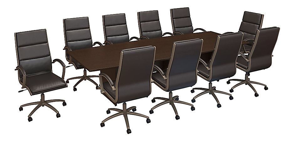Bush Business Furniture 120W x 48D Boat Shaped Conference Table with Wood Base and Set of 10 High Back Office Chairs in Mocha Cherry
