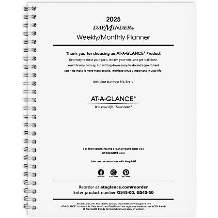 2025 AT-A-GLANCE® DayMinder Executive Weekly/Monthly Refill For G545, 7" x 8 3/4", January To December