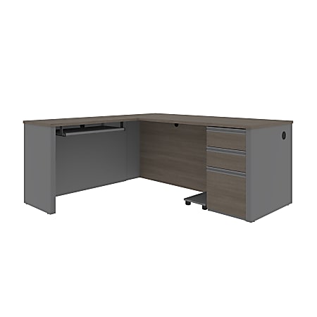Bestar Prestige + 72”W L-Shaped Corner Desk With Pedestal, Bark Gray/Slate