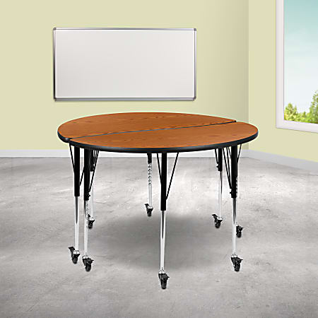 Flash Furniture Mobile Circle Wave Flexible Thermal Laminate Adjustable 2-Piece Activity Table Set, 30"H x 47-1/2"W x 24"D, Oak
