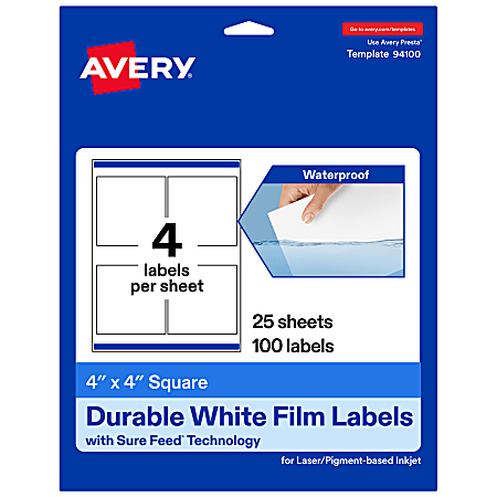 Avery® Waterproof Permanent Labels With Sure Feed®, 94100-WMF25, Square, 4" x 4", White, Pack Of 100