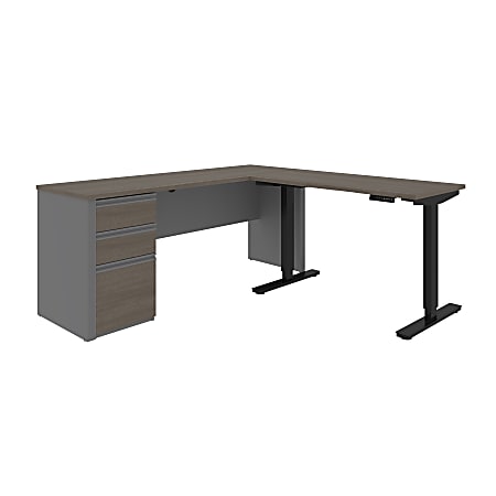 Bestar Prestige + 72"W L-Shaped Standing Corner Desk With Pedestal, Bark Gray/Slate
