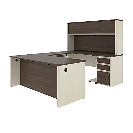 Bestar Prestige + 72”W U-Shaped Executive Computer Desk With 2 Pedestals And Hutch, White Chocolate/ Antigua