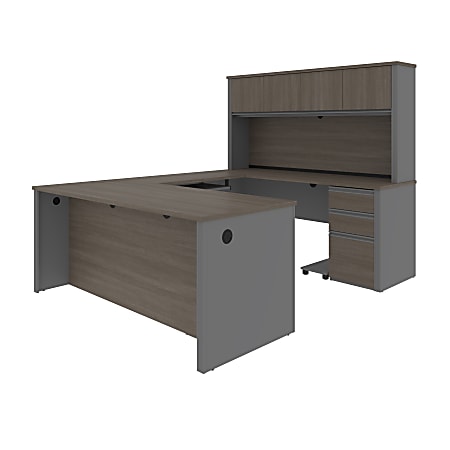 Bestar Prestige + 72”W U-Shaped Executive Computer Desk With 2 Pedestals And Hutch, Bark Gray/Slate