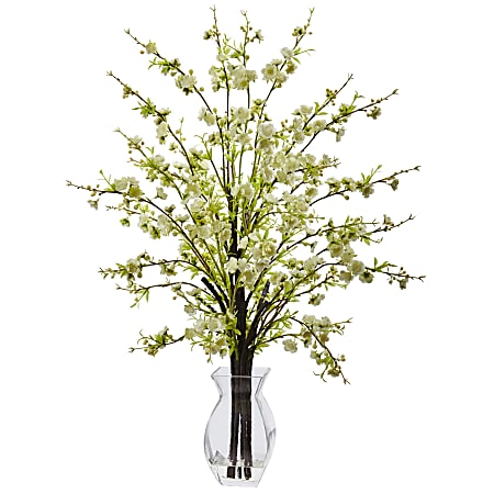 Nearly Natural Cherry Blossom 26”H Artificial Floral Arrangement With Glass Vase, 26”H x 20”W x 15”D, White