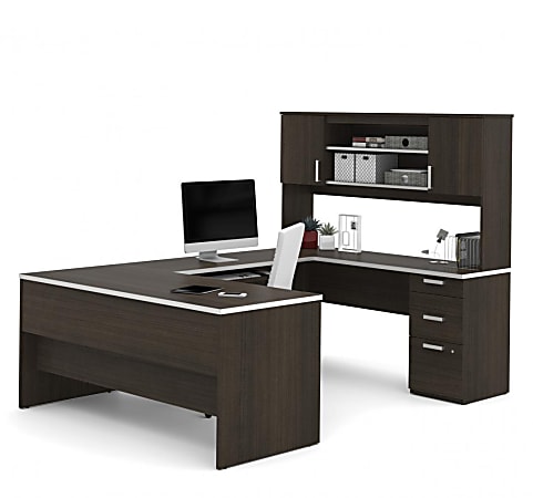 Bestar Ridgeley 65”W U-Shaped Executive Computer Desk With Pedestal And Hutch, Dark Chocolate