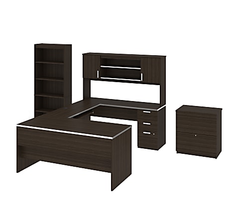 Bestar Ridgeley 65 W U Shaped Desk With Hutch Lateral File Cabinet