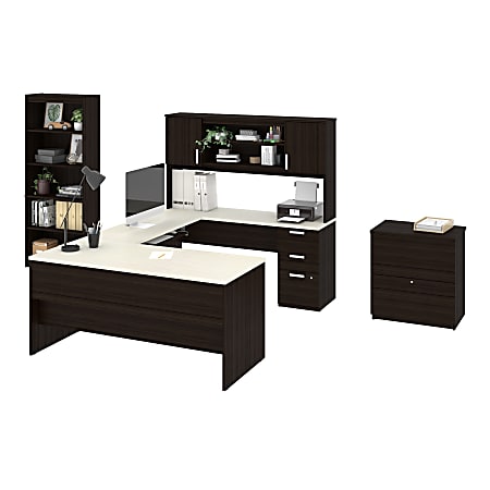 Bestar Ridgeley U-Shaped Desk With Hutch, Lateral File Cabinet And Bookcase, White Chocolate