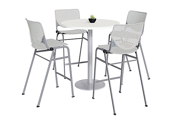 KFI Studios KOOL Round Pedestal Table With 4 Stacking Chairs, 41"H x 36"D, Designer White/Light Gray